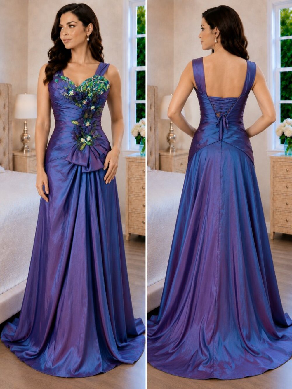 Precious Formals Purple Peacock Taffeta Y2K Formal Gown $420